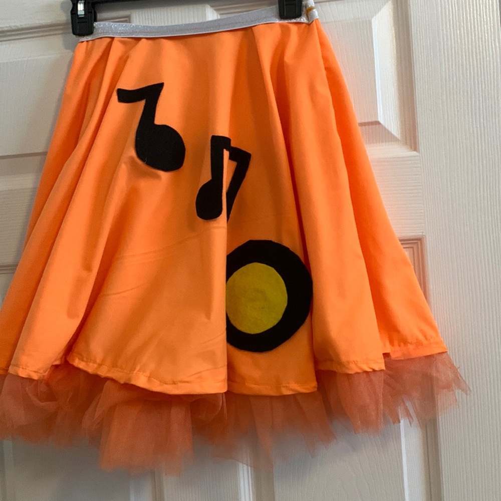 Homemade orange 60s shirt w/ music notes